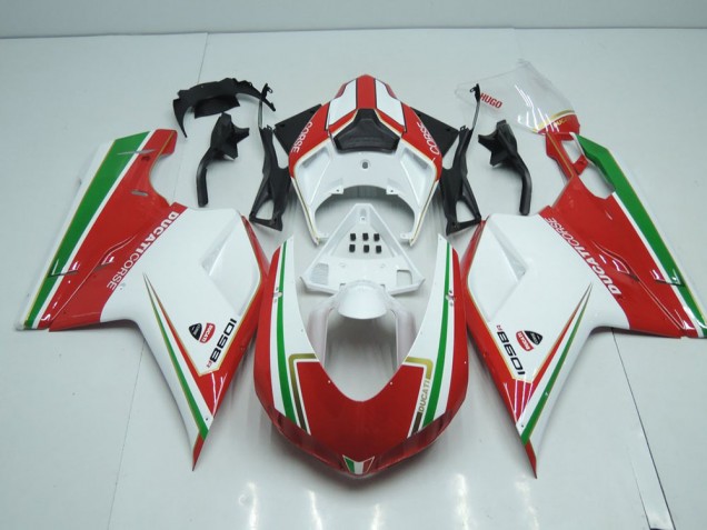 Online Ducati 848 1098 1198 07-14 Verkleidungen - Weiß Und Rot mit Grün Streifen